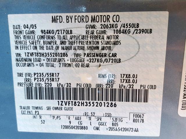 1ZVFT82H355201286 - 2005 FORD MUSTANG GT BLUE photo 10