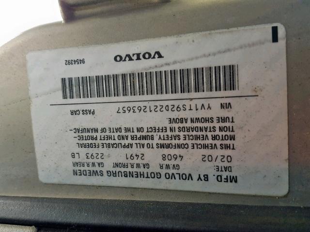 YV1TS92D221263657 - 2002 VOLVO S80 SILVER photo 10