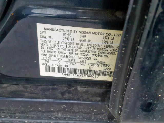 1N4BL11EX6N360037 - 2006 NISSAN ALTIMA SE BLUE photo 10