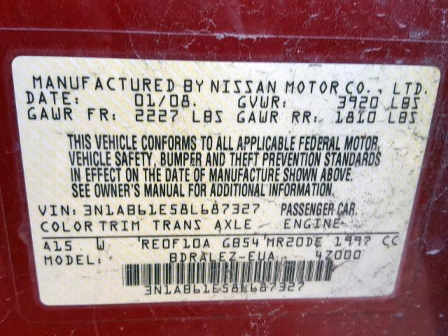 3N1AB61E58L687327 - 2008 NISSAN SENTRA 2.0 RED photo 10