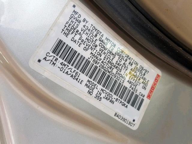 JT8BF28G2W0093213 - 1998 LEXUS ES 300 SILVER photo 10