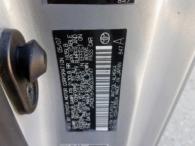 JTKDE167180245102 - 2008 TOYOTA SCION TC SILVER photo 10