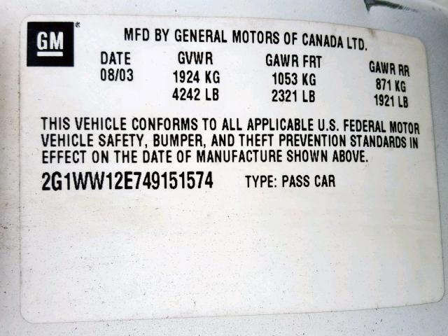 2G1WW12E749151574 - 2004 CHEVROLET MONTE CARL 白色 照片 10