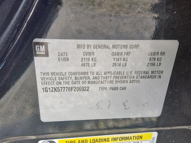 1G1ZK57778F206922 - 2008 CHEVROLET MALIBU LTZ შავი ფოტო 10