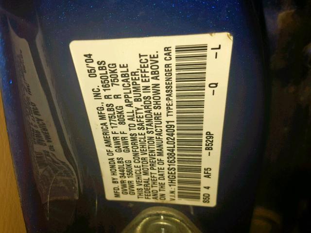 1HGES16384L024091 - 2004 HONDA CIVIC DX V BLUE photo 10