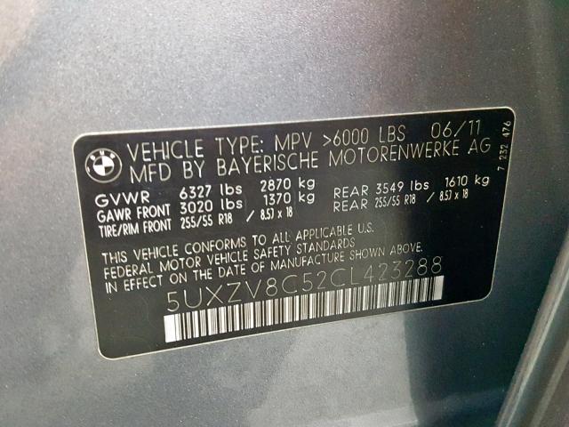 5UXZV8C52CL423288 - 2012 BMW X5 XDRIVE5 GRAY photo 10