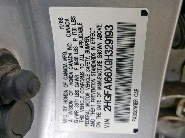 2HGFA166X9H329193 - 2009 HONDA CIVIC LX-S SILVER photo 10