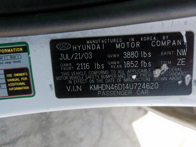 KMHDN46D14U724620 - 2004 HYUNDAI ELANTRA GLS  photo 10