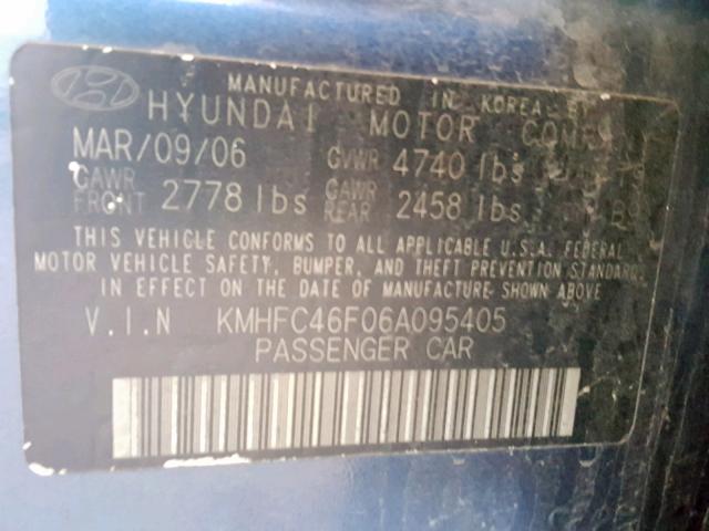 KMHFC46F06A095405 - 2006 HYUNDAI AZERA SE BLUE photo 10