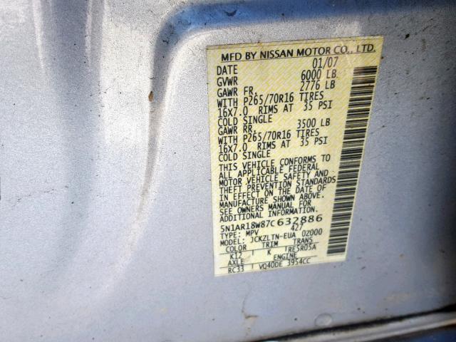 5N1AR18W87C632886 - 2007 NISSAN PATHFINDER SILVER photo 10