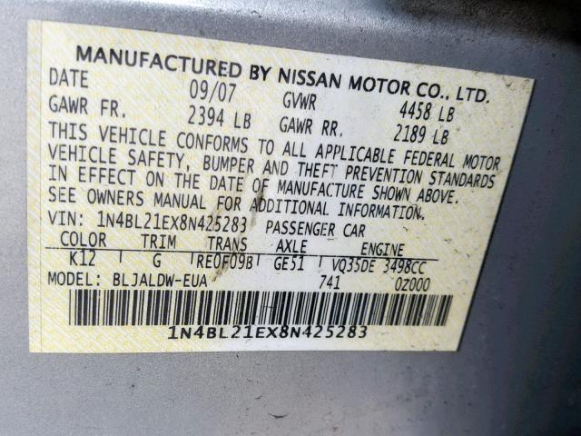 1N4BL21EX8N425283 - 2008 NISSAN ALTIMA 3.5 SILVER photo 10