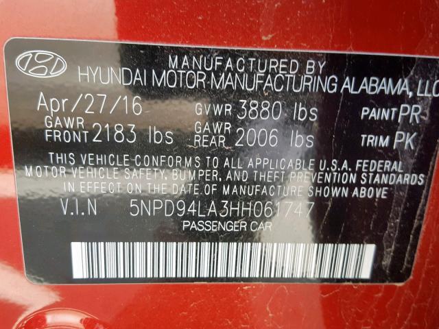 5NPD94LA3HH061747 - 2017 HYUNDAI ELANTRA EC RED photo 10