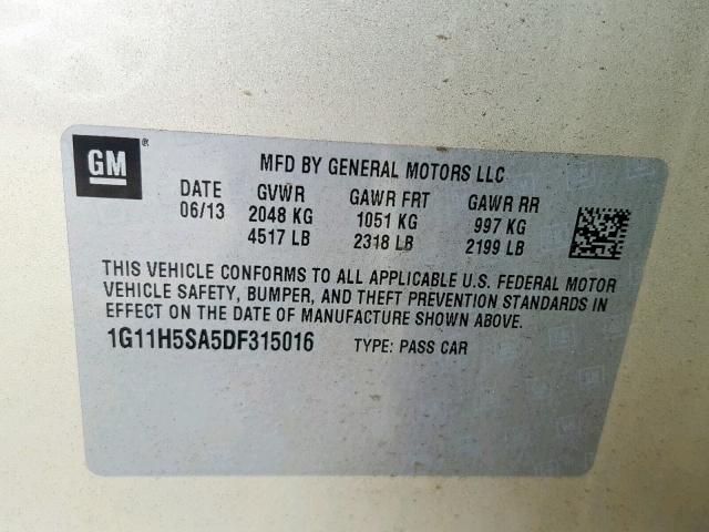 1G11H5SA5DF315016 - 2013 CHEVROLET MALIBU LTZ GOLD photo 10