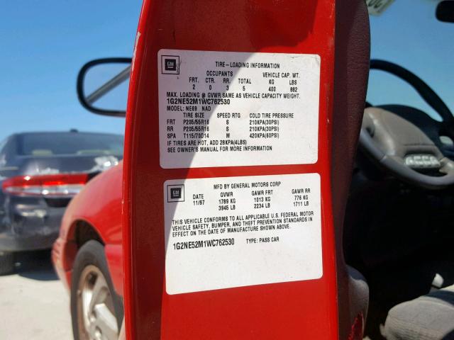 1G2NE52M1WC762530 - 1998 PONTIAC GRAND AM S RED photo 10