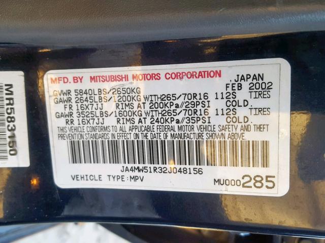 JA4MW51R32J048156 - 2002 MITSUBISHI MONTERO LI BLUE photo 10