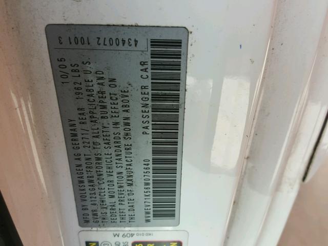 WVWEV71K56W075640 - 2006 VOLKSWAGEN NEW GTI WHITE photo 10