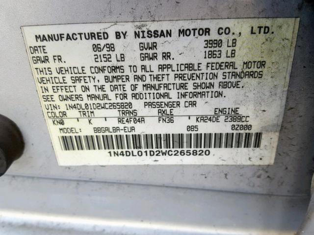 1N4DL01D2WC265820 - 1998 NISSAN ALTIMA XE SILVER photo 10