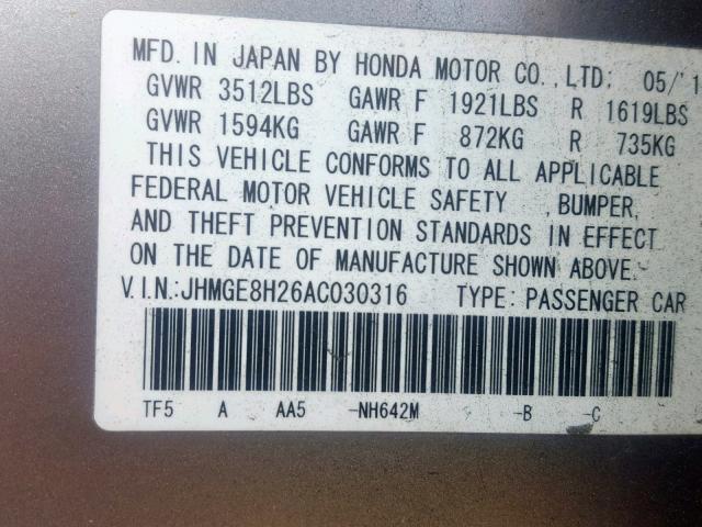 JHMGE8H26AC030316 - 2010 HONDA FIT GRAY photo 10