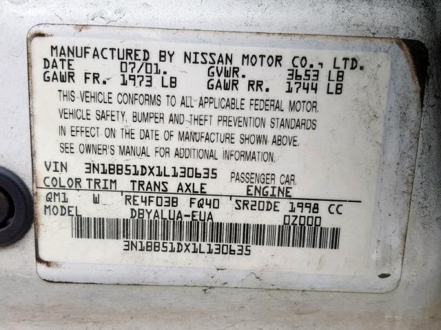 3N1BB51DX1L130635 - 2001 NISSAN SENTRA SE WHITE photo 10