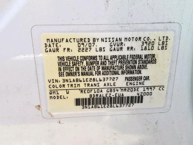 3N1AB61E28L637727 - 2008 NISSAN SENTRA 2.0 WHITE photo 10