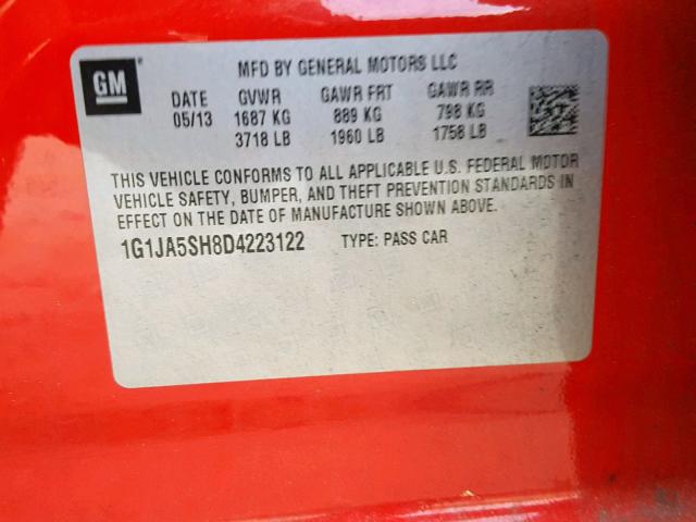 1G1JA5SH8D4223122 - 2013 CHEVROLET SONIC LS RED photo 10