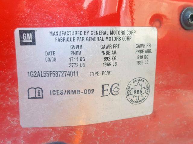 1G2AL55F687274011 - 2008 PONTIAC G5 SE RED photo 10