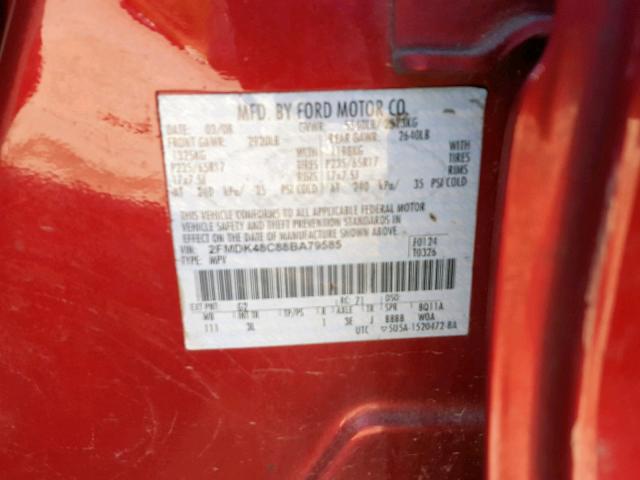 2FMDK48C88BA79585 - 2008 FORD EDGE SEL MAROON photo 10