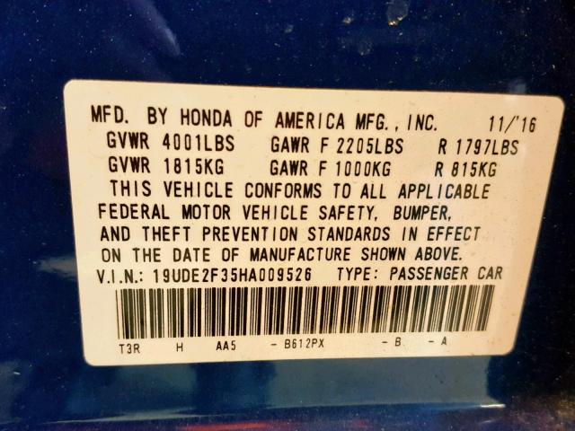 19UDE2F35HA009526 - 2017 ACURA ILX BASE BLUE photo 10