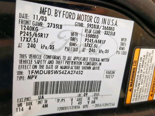 1FMDU85W54ZA27452 - 2004 FORD EXPLORER L BLACK photo 10