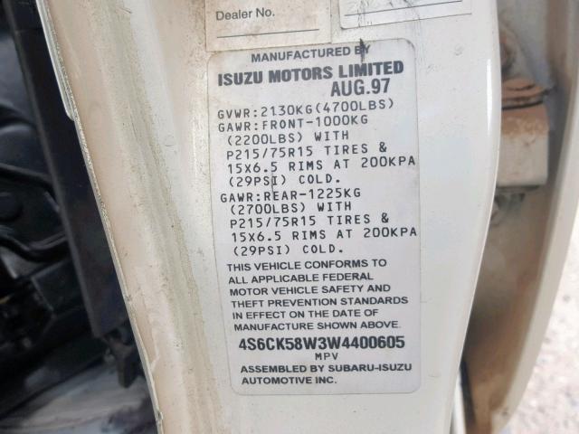 4S6CK58W3W4400605 - 1998 HONDA PASSPORT E 白色 照片 10