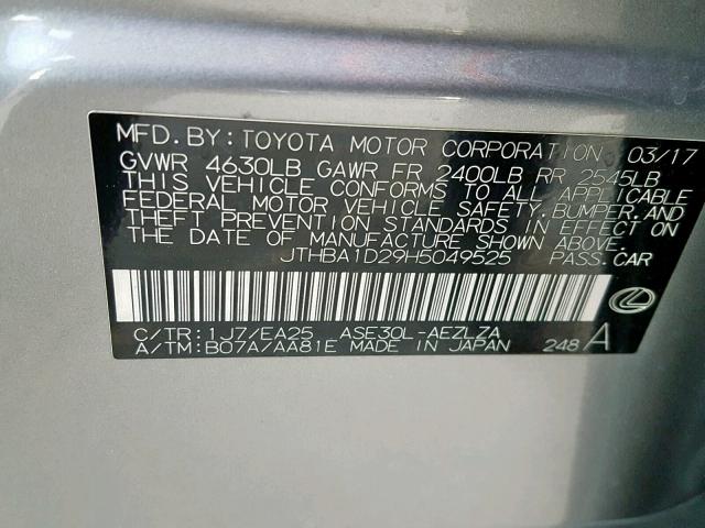 JTHBA1D29H5049525 - 2017 LEXUS IS 200T GRAY photo 10