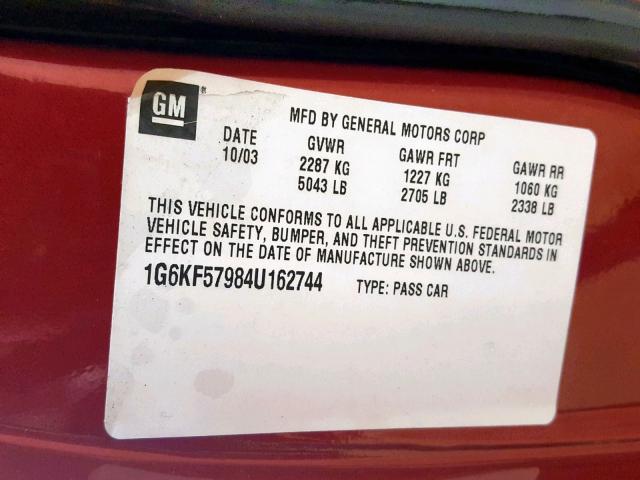 1G6KF57984U162744 - 2004 CADILLAC DEVILLE DT RED photo 10