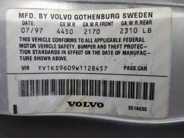 YV1KS9609W1128457 - 1998 VOLVO S90 SILVER photo 10