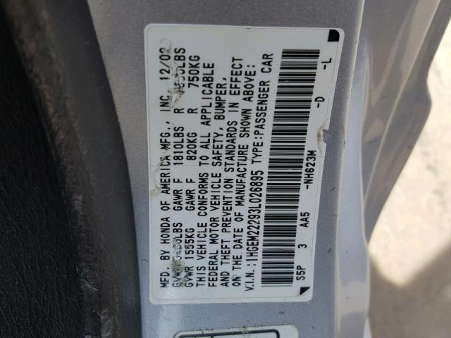 1HGEM22293L026895 - 2003 HONDA CIVIC DX SILVER photo 10