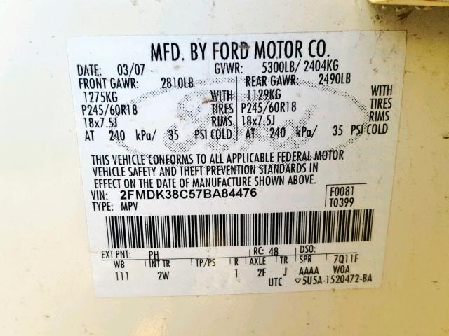 2FMDK38C57BA84476 - 2007 FORD EDGE SEL WHITE photo 10