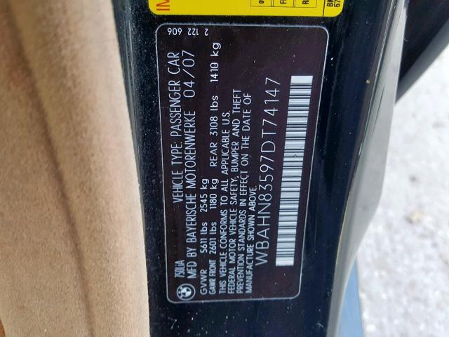 WBAHN83597DT74147 - 2007 BMW 750 BLACK photo 10