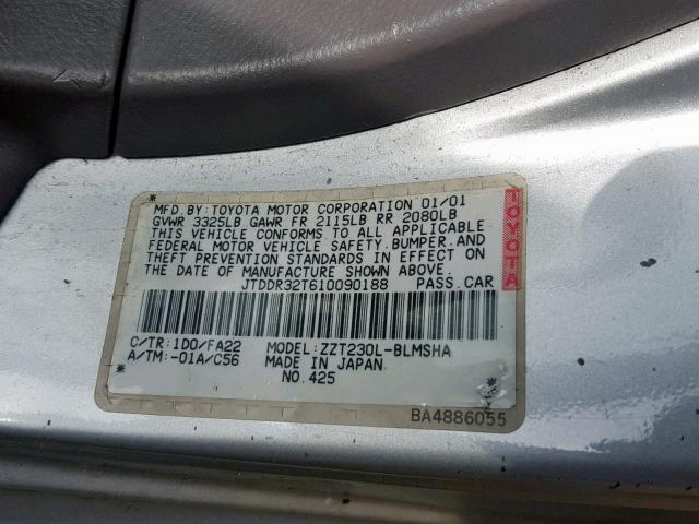 JTDDR32T610090188 - 2001 TOYOTA CELICA GT SILVER photo 10