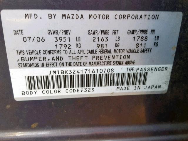 JM1BK324171610708 - 2007 MAZDA 3 S GRAY photo 10