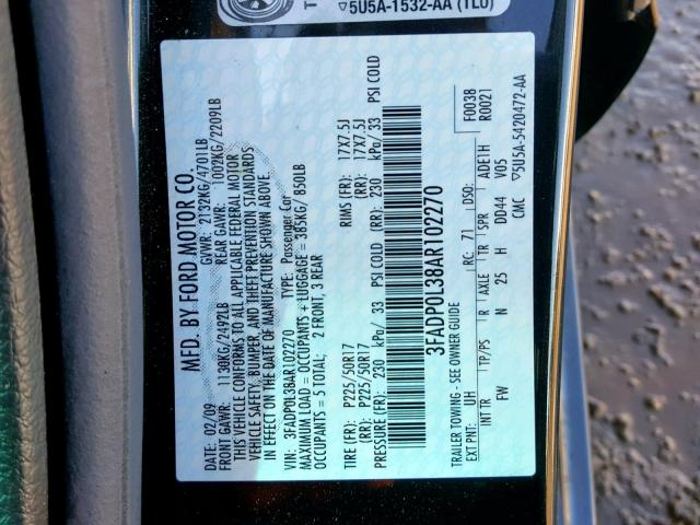 3FADP0L38AR102270 - 2010 FORD FUSION HYB BLACK photo 10