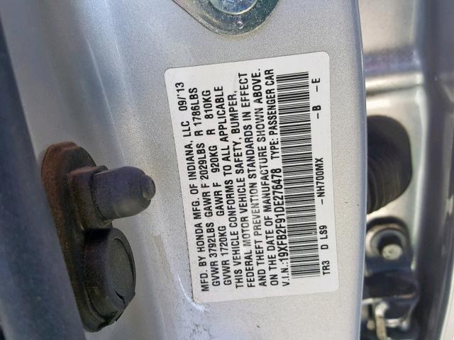 19XFB2F91DE276478 - 2013 HONDA CIVIC EXL SILVER photo 10