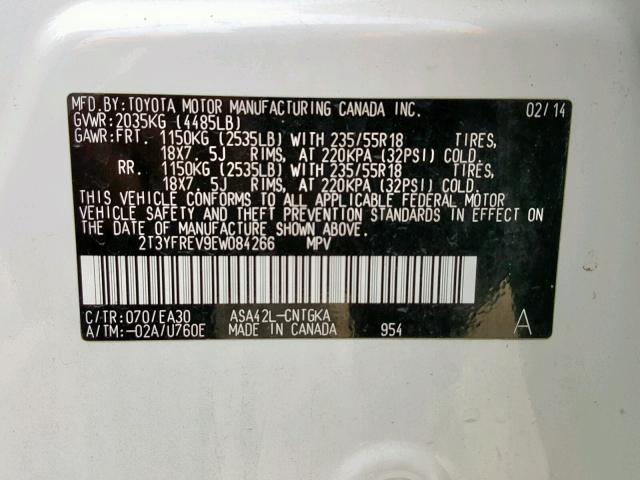 2T3YFREV9EW084266 - 2014 TOYOTA RAV4 LIMIT WHITE photo 10