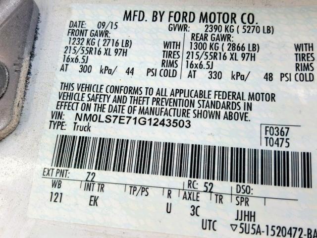 NM0LS7E71G1243503 - 2016 FORD TRANSIT CO WHITE photo 10