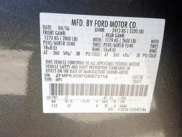 2FMPK3G97GBB73114 - 2016 FORD EDGE SE GRAY photo 10