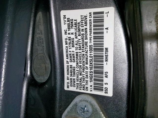 1HGES163X5L011005 - 2005 HONDA CIVIC DX V GRAY photo 10