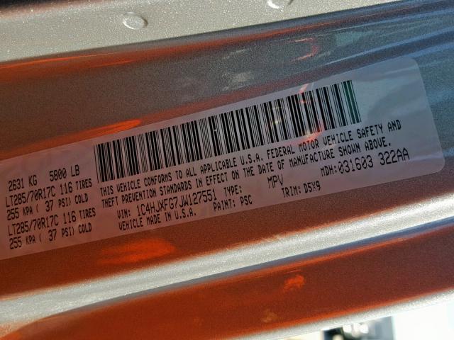 1C4HJXFG7JW127551 - 2018 JEEP WRANGLER U GRAY photo 10