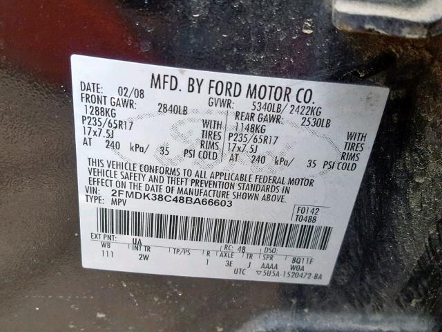 2FMDK38C48BA66603 - 2008 FORD EDGE SEL BLACK photo 10