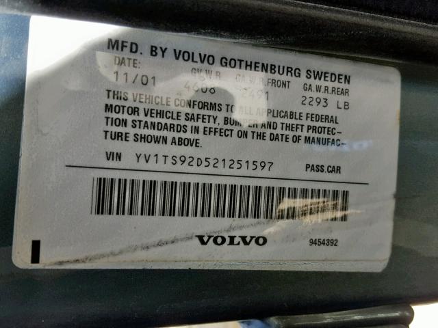 YV1TS92D521251597 - 2002 VOLVO S80 BLUE photo 10