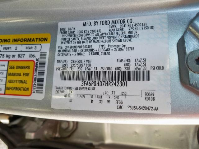 3FA6P0HD7HR242301 - 2017 FORD FUSION SE  photo 10