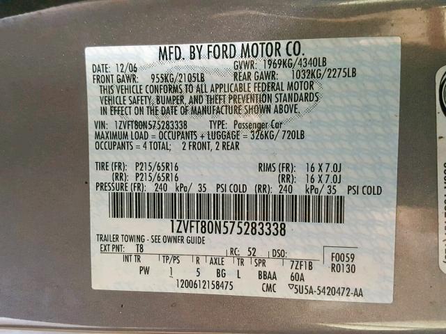 1ZVFT80N575283338 - 2007 FORD MUSTANG CHARCOAL photo 10