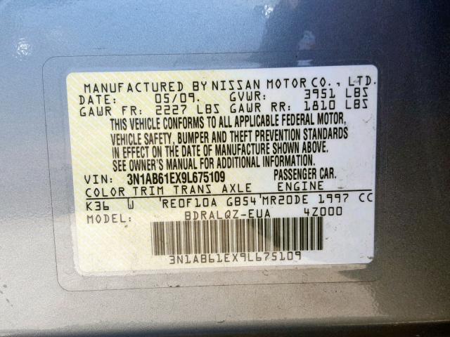 3N1AB61EX9L675109 - 2009 NISSAN SENTRA 2.0 SILVER photo 10